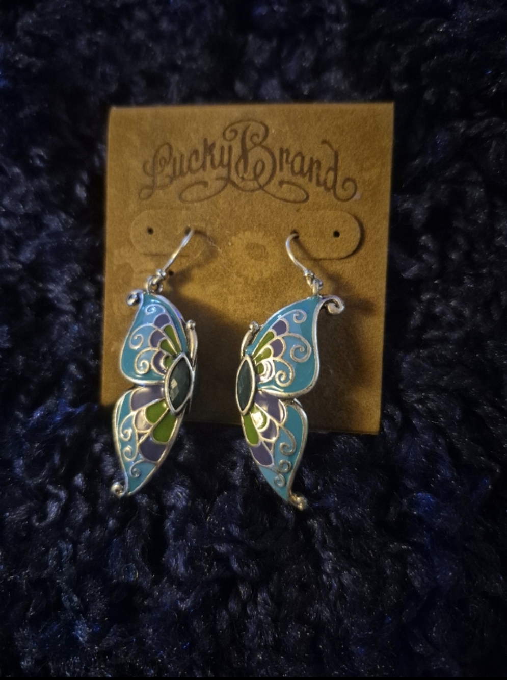 Lucky Brand Teal, Blue & Green Butterfly Hoop Dangle Earrings - Picture 2 of 4
